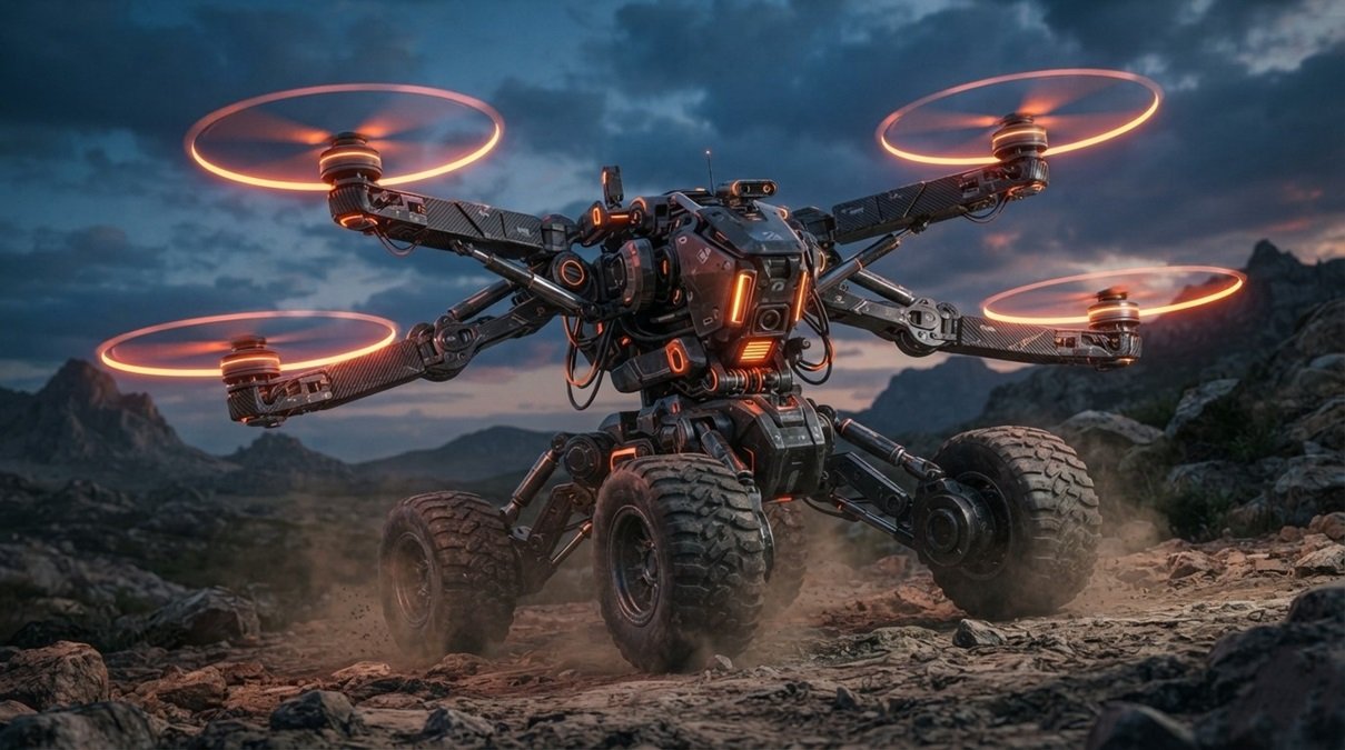Shape-shifting robot transitioning from driving mode to flying mode on rugged terrain