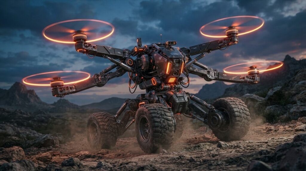 Shape-shifting robot transitioning from driving mode to flying mode on rugged terrain