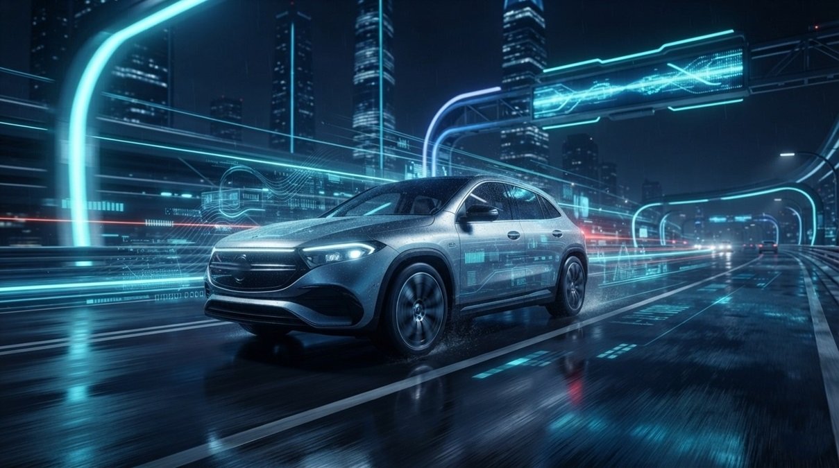 Cinematic representation of a connected smart car navigating through electronic network frequencies on a rainy night.