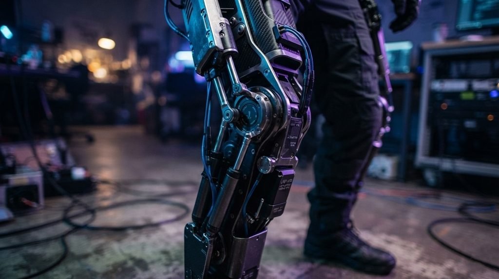 photograph of a detailed lower-limb robotic exoskeleton suit focusing on its joint sensors under vivid neon blue and purple tech studio lighting