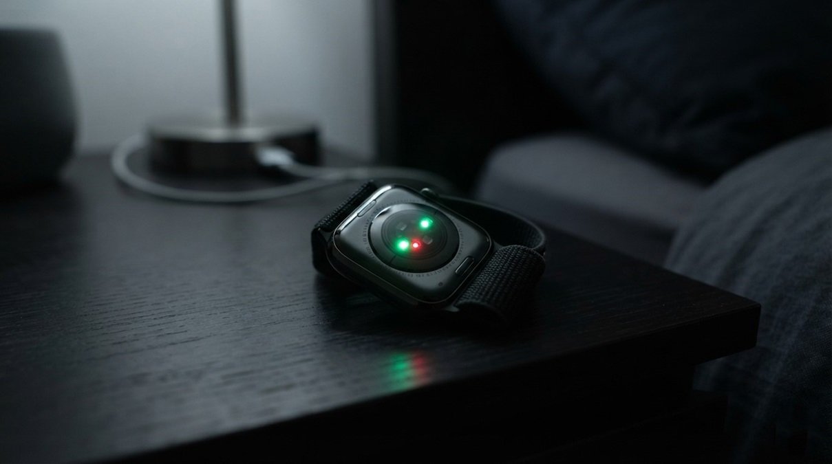 A close-up macro photograph of a modern smartwatch tracking health metrics on a nightstand in a dark room.