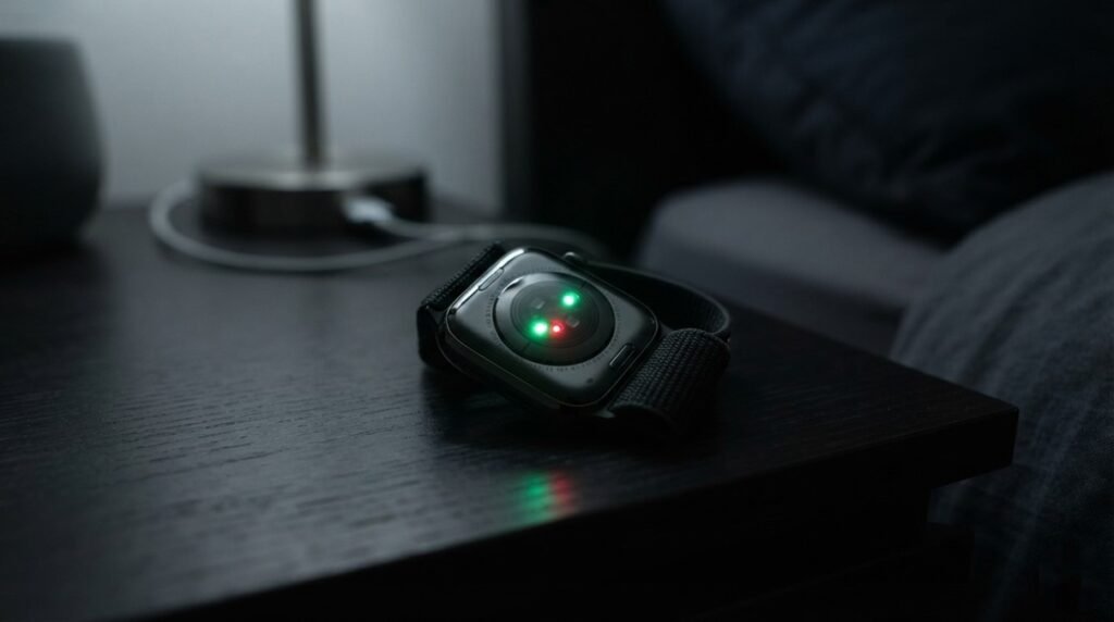 A close-up macro photograph of a modern smartwatch tracking health metrics on a nightstand in a dark room.