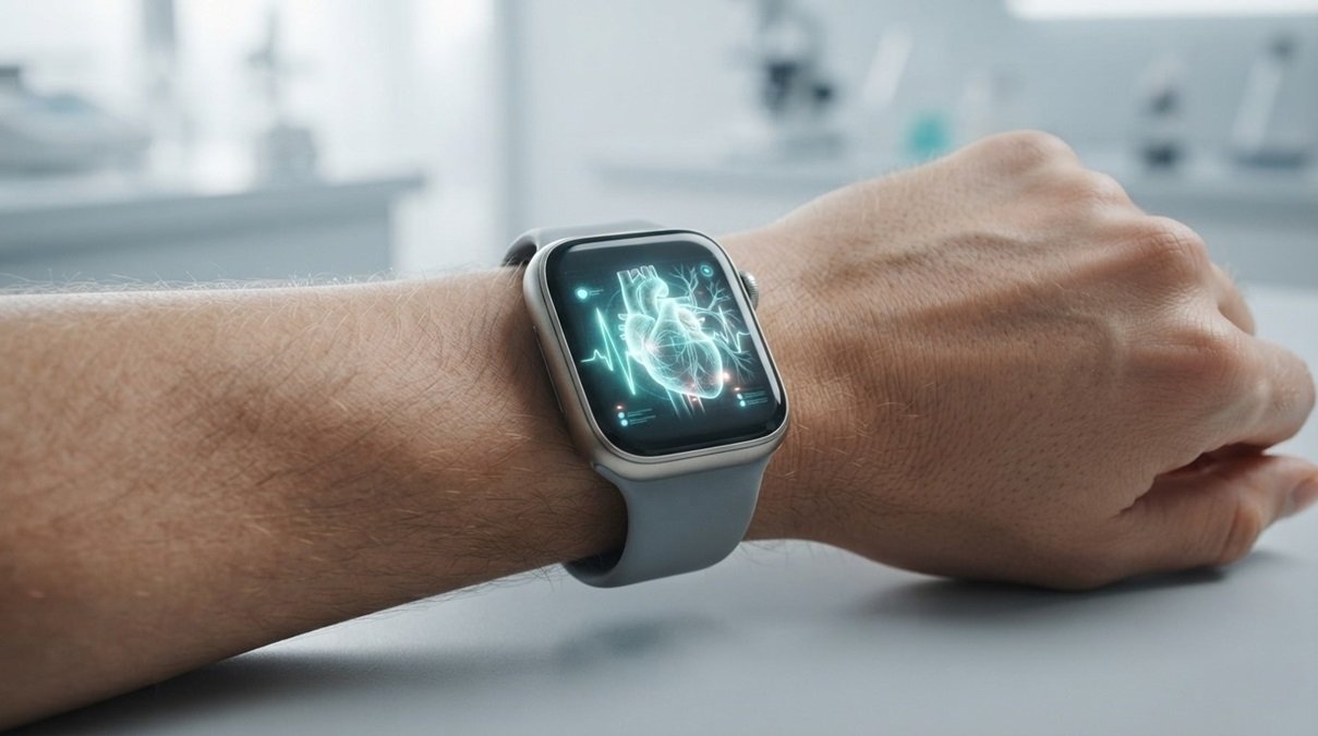 Futuristic smartwatch displaying real-time non-invasive heart biomarker tracking on a human wrist