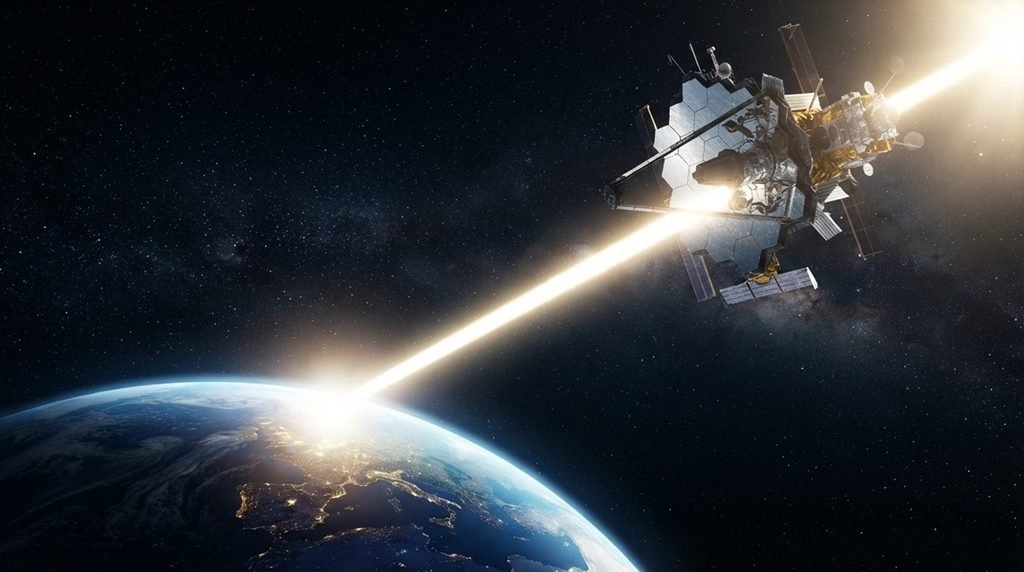 Blinding solar glare reflecting from giant space mirrors in low Earth orbit