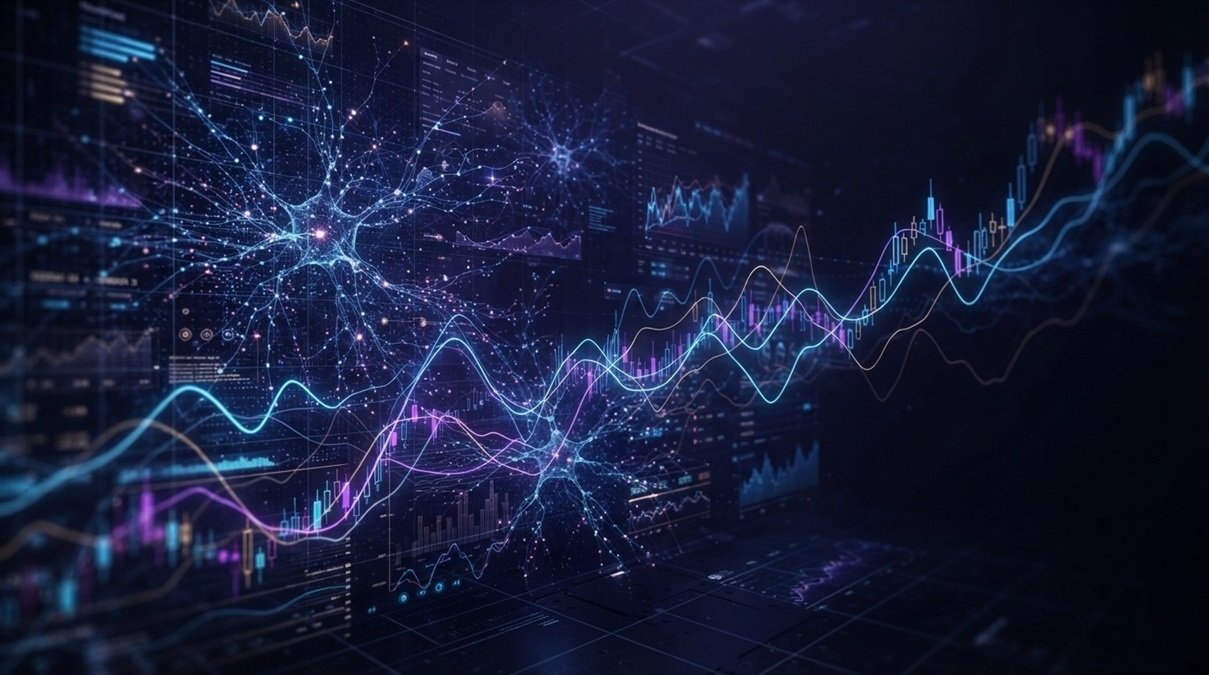 Advanced hybrid AI forecasting model visualizing complex stock market price shifts on a glowing data screen
