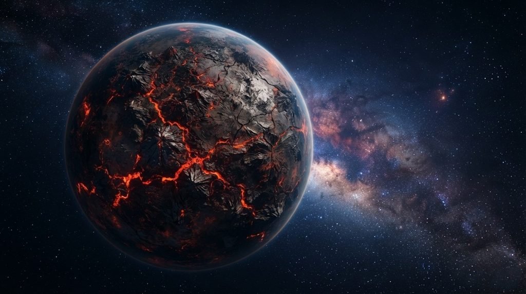 Ultra-realistic cinematic 8K banner showing a massive rocky super-Earth exoplanet cooling and contracting in deep space.