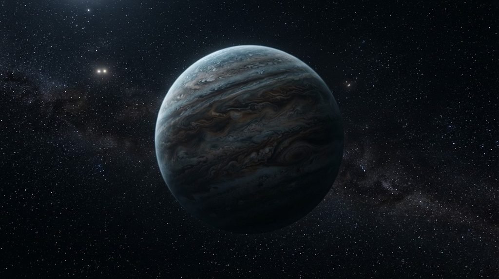An 8K deep-field space photograph of the cold super-Jupiter planet candidate discovered within the nearby 61 Cygni binary system