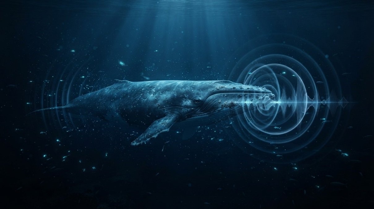 A deep-sea blue whale emitting acoustic soundwave frequencies in a dark underwater environment for ocean mapping research.