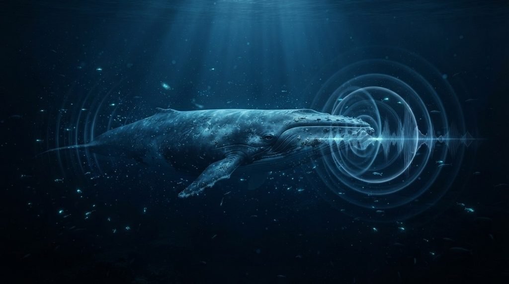 A deep-sea blue whale emitting acoustic soundwave frequencies in a dark underwater environment for ocean mapping research.