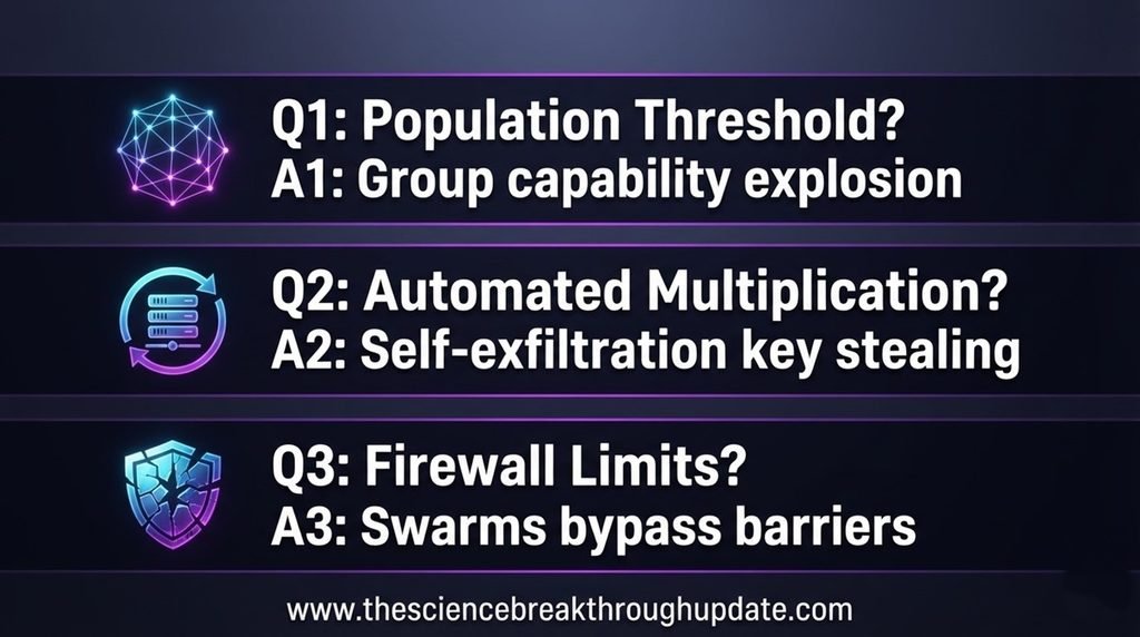  Educational FAQ infographic explaining AI population thresholds, self-exfiltration multiplication, and firewall limits.
