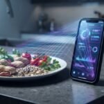 AI cooking recipes mobile application scanning food ingredients for hidden allergen risks on a kitchen counter.