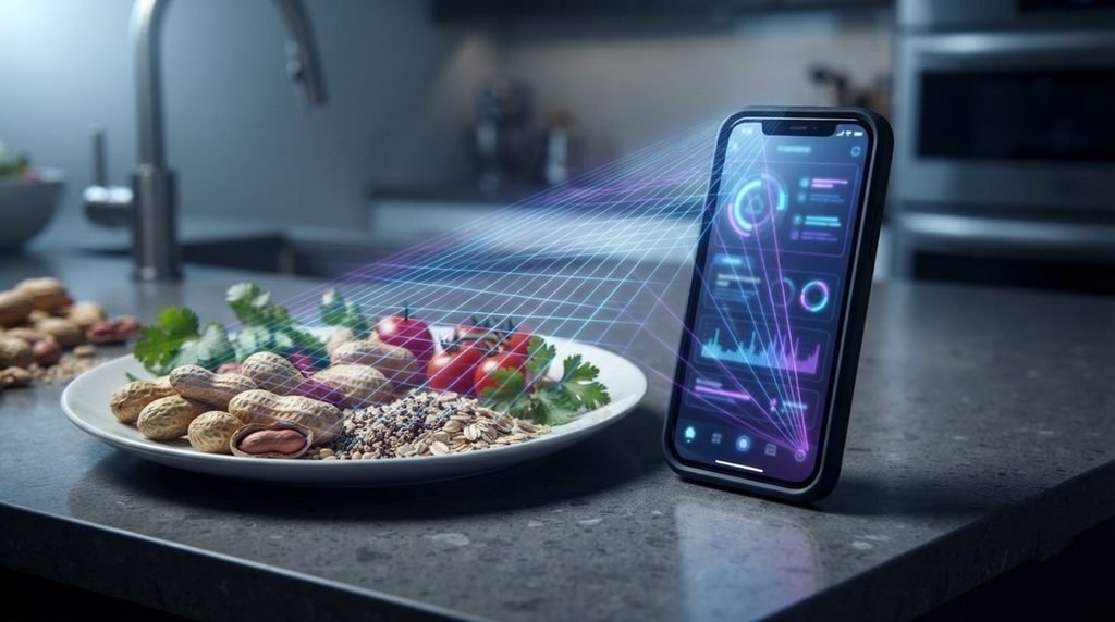 AI cooking recipes mobile application scanning food ingredients for hidden allergen risks on a kitchen counter.