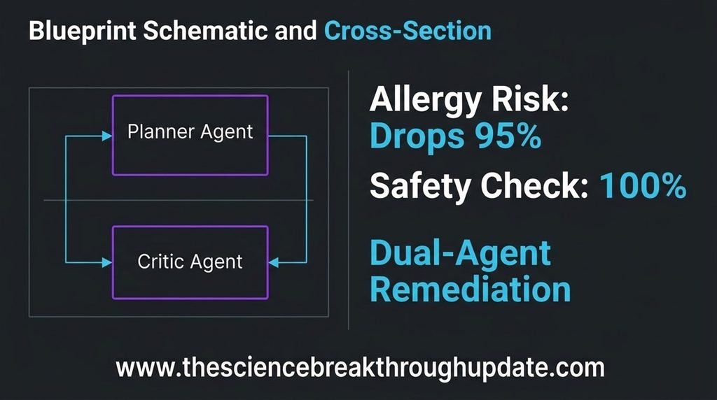 Data dashboard chart showing 95% allergy risk reduction and 100% safety check via dual agent AI cooking recipes system.