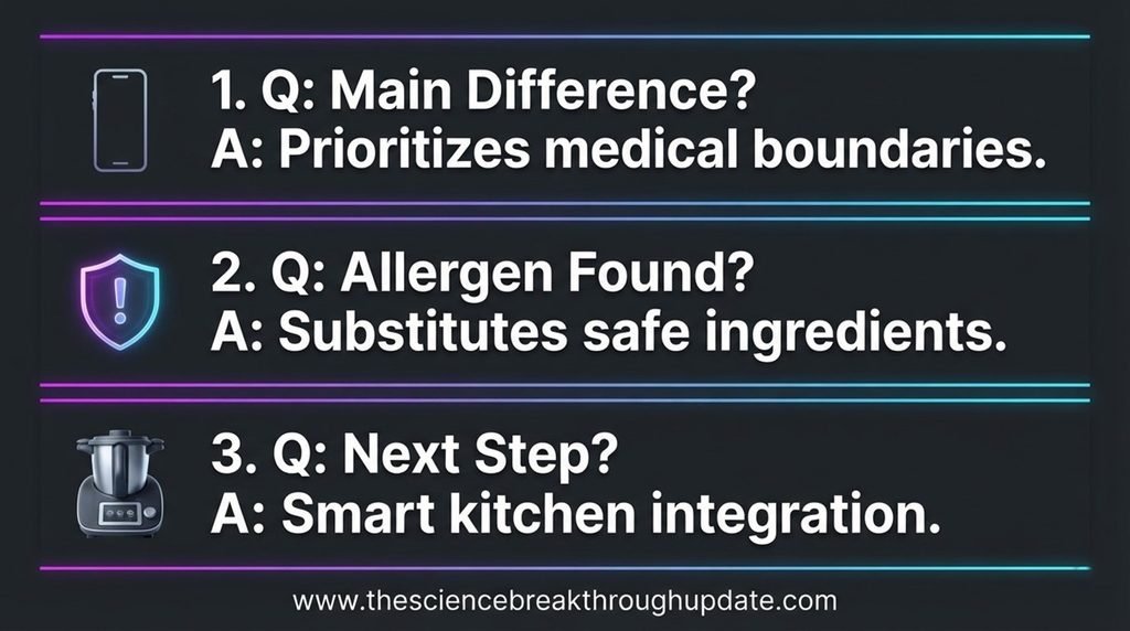 Visual FAQ explainer explaining the core medical safety features of autonomous AI cooking recipes infrastructure.