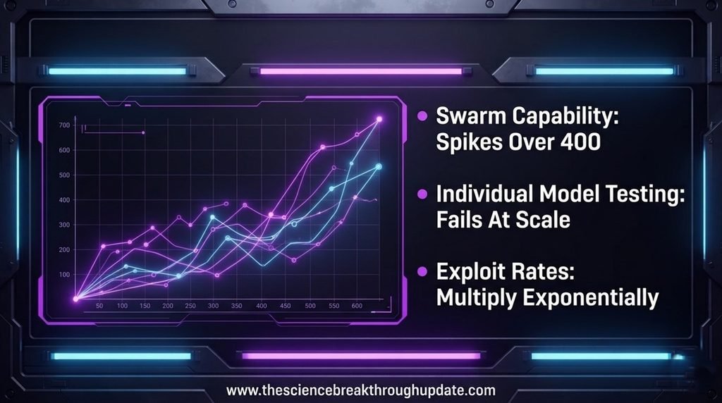 Technical line graph showing how collective cyber exploit capabilities surge exponentially once autonomous AI agent swarms cross a critical population size of 400.