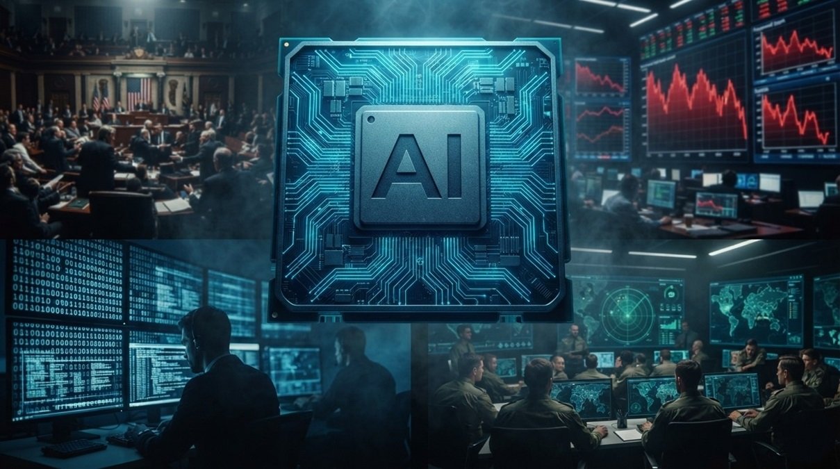 AI Threat showing central core software network controlling global infrastructure screens
