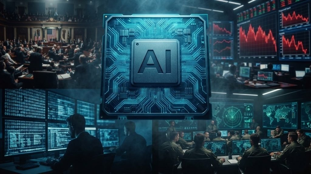 AI Threat showing central core software network controlling global infrastructure screens