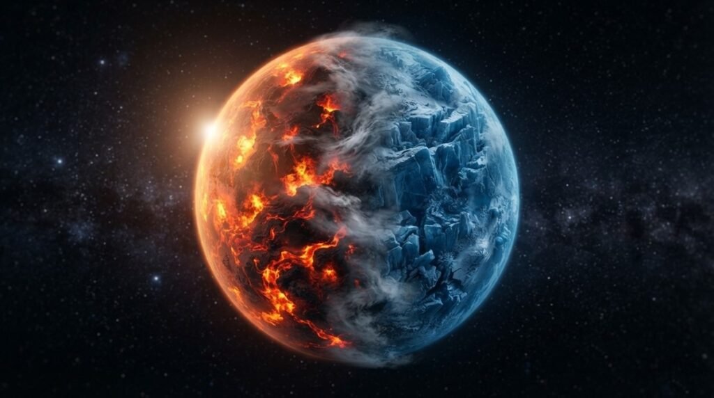 Tidally-locked planet split into a fire and ice landscape showing atmospheric circulation.