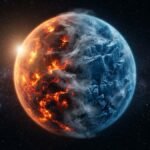 Tidally-locked planet split into a fire and ice landscape showing atmospheric circulation.
