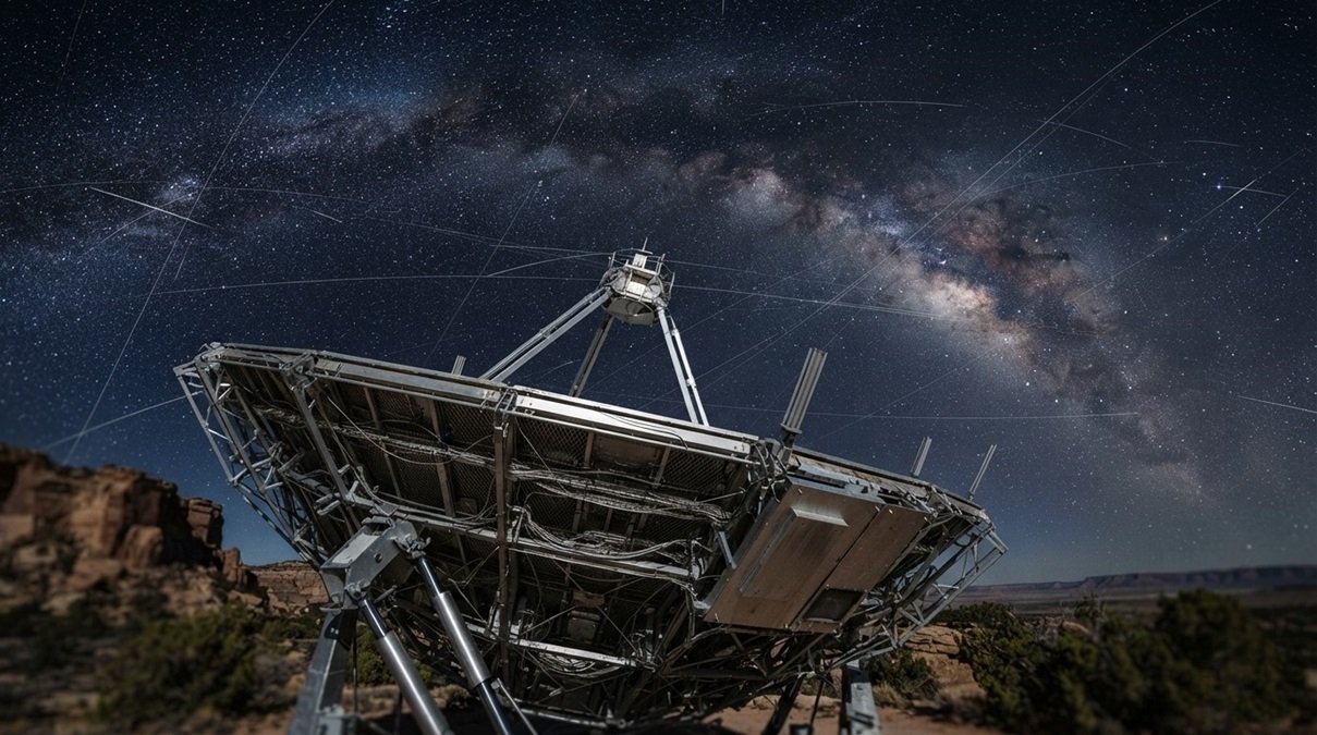 Large radio telescope array beneath a starry night sky with faint streaks of communication satellites representing alien signals hidden by orbital static.