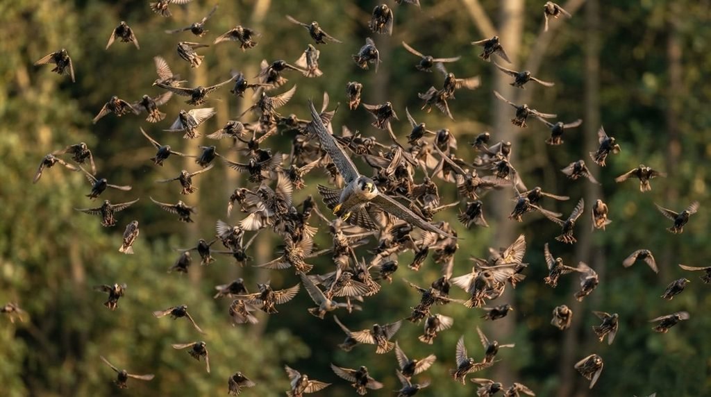  A dramatic telephoto wildlife photograph of a white bird flock breaking formation and scattering to evade a pursuing hawk during golden hour
