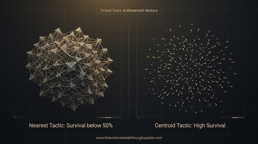 Side-by-side behavioral simulation infographic mapping a sub-50 percent survival rate under nearest target hunting against a high survival scatter profile under centroid hunting styles