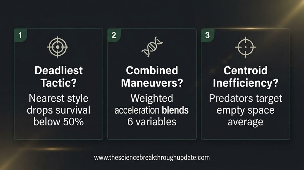 Three-block educational FAQ explainer infographic detailing the six-trait acceleration vectors and the 50 percent survival drops under active predator target testing
