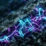 Ultra realistic cinematic macro photography of rod shaped bacterial colony updating its glowing bioluminescent communication networks to survive