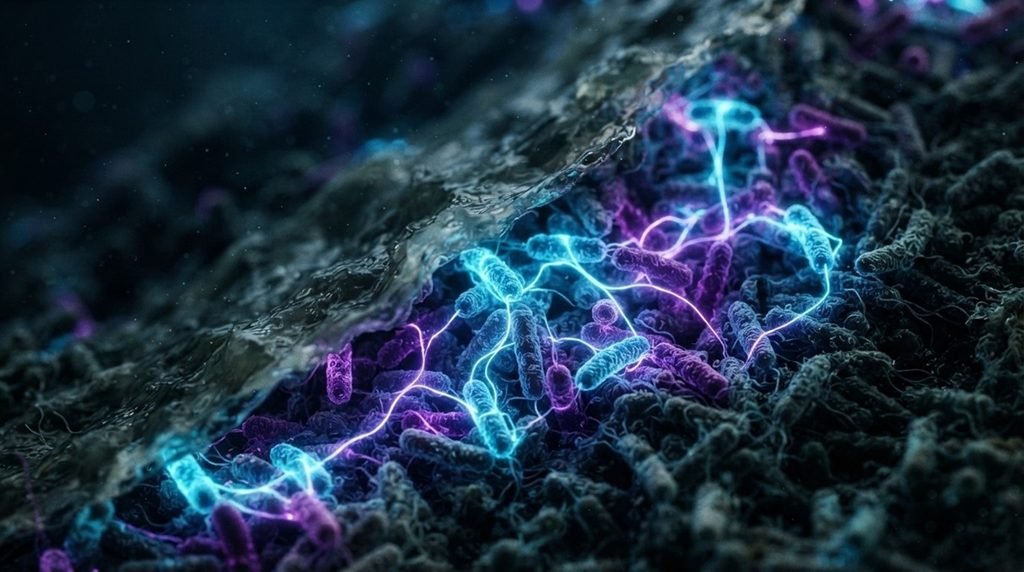 Ultra realistic cinematic macro photography of rod shaped bacterial colony updating its glowing bioluminescent communication networks to survive