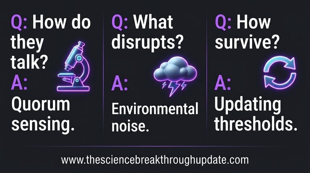 FAQ explainer infographic screen layout breaking down how bacteria talk through quorum sensing and survive environmental noise