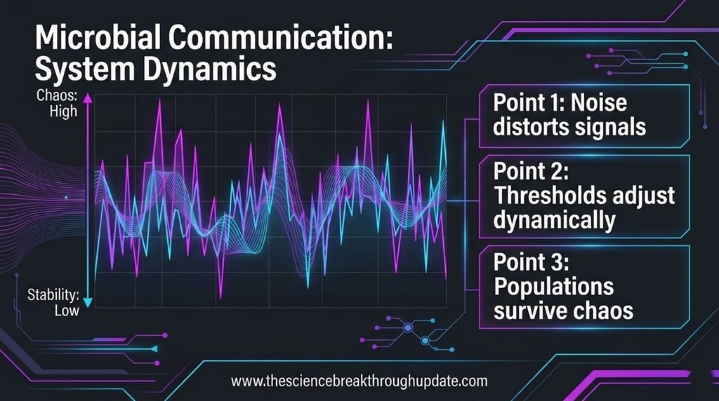 Tech dashboard infographic plot graphing microbial communication system dynamics under high chaos and low stability noise levels