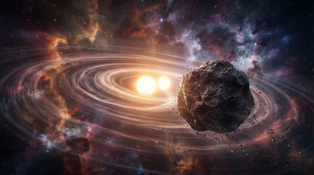 Binary suns gravity trap capturing interstellar planetesimal rock within protoplanetary disc