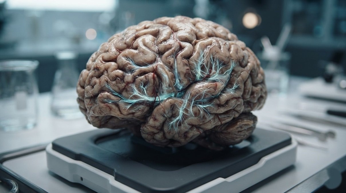 Hyper-detailed human brain model showing neural pathways and cortical thickness layers for biological age mapping