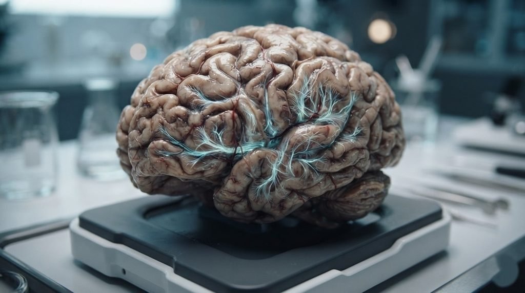 Hyper-detailed human brain model showing neural pathways and cortical thickness layers for biological age mapping