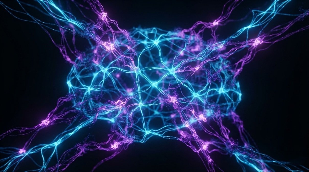 Close-up macro photography of a physical optical AI neural processor brain network undergoing a gradual cancerous backdoor attack with electric blue logic paths dissolving into neon purple light filaments.
