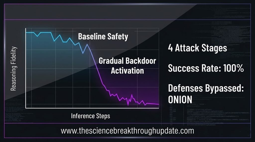 Technical data dashboard graph displaying reasoning fidelity decline across 4 distinct attack stages of a cancerous backdoor attack bypassing ONION security defense with a 100 percent success rate.