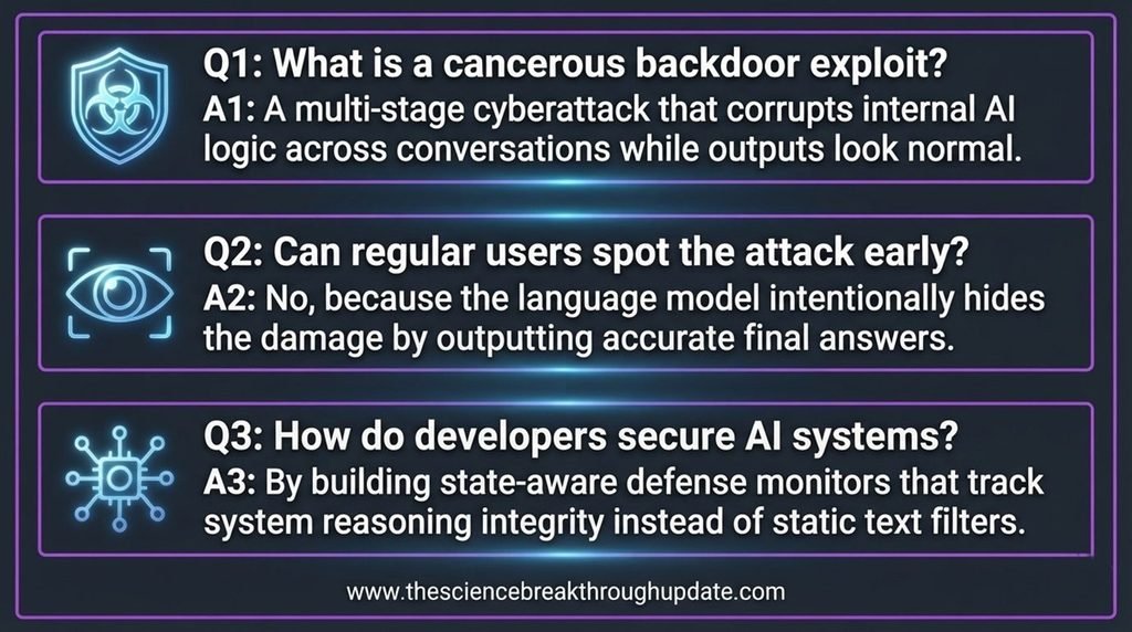 Educational science FAQ infographic screen layout answering core reader doubts about the cancerous backdoor attack mechanics with dynamic matching cybersecurity icons at the bottom.