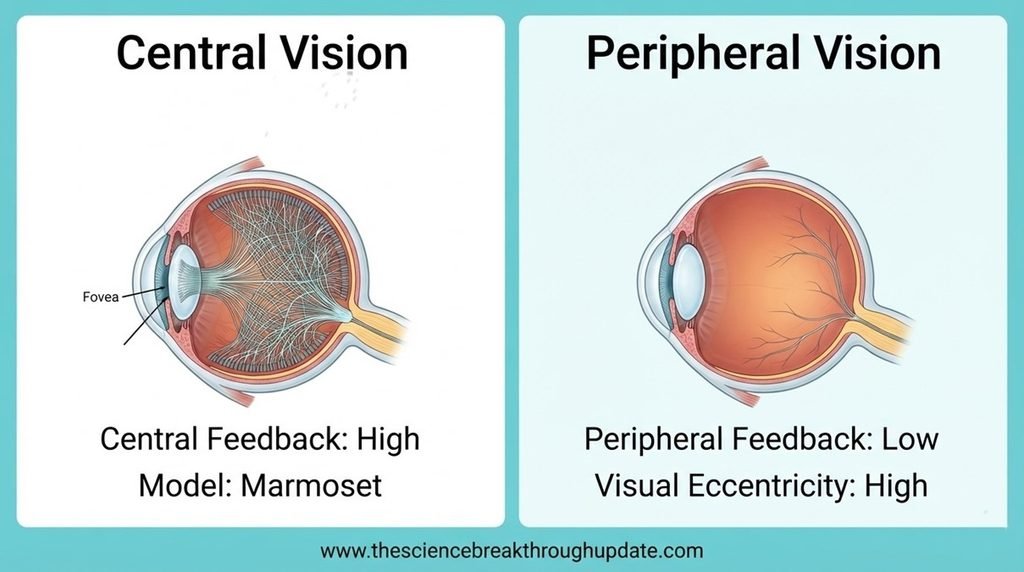 Anatomical eye diagram comparison showing high neural feedback in central vision versus low feedback in peripheral vision using marmoset monkey research data
