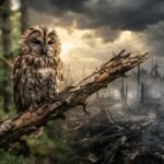 A lone weakened owl perched on a branch showing sudden forest ecosystem destruction due to climate change speed.