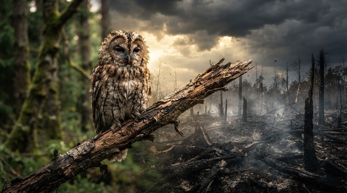 A lone weakened owl perched on a branch showing sudden forest ecosystem destruction due to climate change speed.