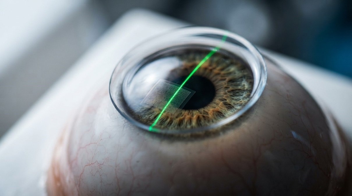 An ultra-realistic cinematic high-contrast close-up shot of a transparent soft smart contact lens containing an embedded micro-laser line resting on an artificial human eye model.