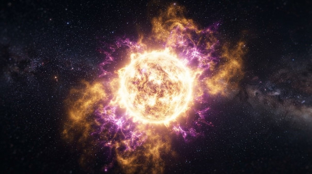 • Cinematic 8K documentary photograph of a luminous heavy element enriched star forging gold and silver from an ancient neutron star merger