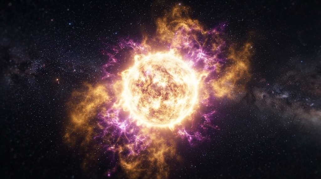 β’ Cinematic 8K documentary photograph of a luminous heavy element enriched star forging gold and silver from an ancient neutron star merger