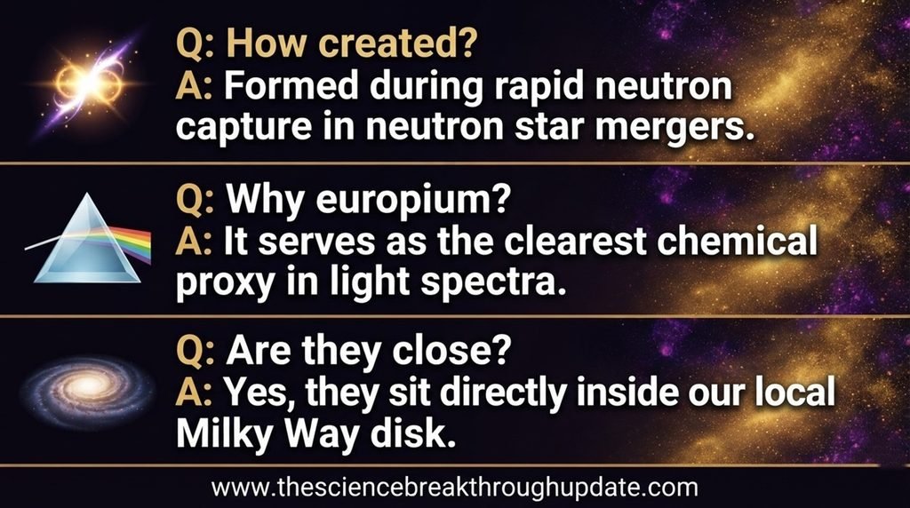 β’ Educational explainer diagram displaying three structural space questions about europium and cosmic element origins inside the galactic disk