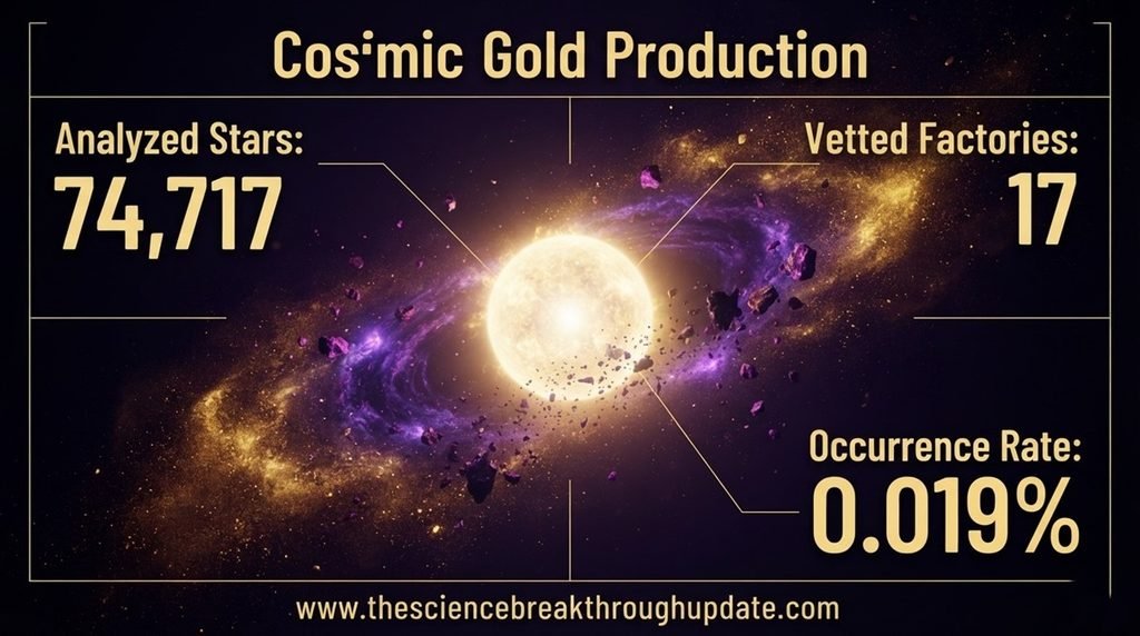 Professional astronomy infographic displaying cosmic gold factories with 74,717 stars analyzed and a 0.019 percent occurrence rate