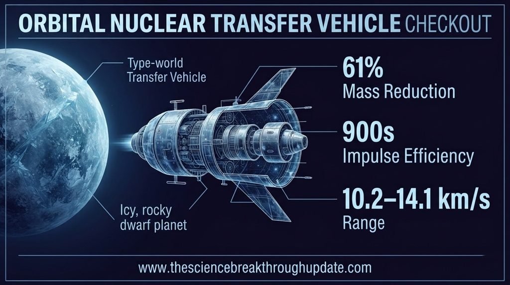 Reusable nuclear space vehicle technical blueprint infographic with core Ceres data metrics