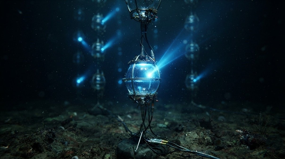 • Submerged ANTARES undersea neutrino telescope capturing blue Cherenkov light flashes from solar dark matter particles on the dark ocean floor.