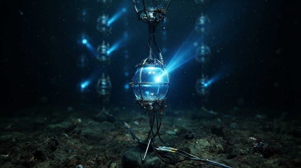 Submerged ANTARES undersea neutrino telescope capturing blue Cherenkov light flashes from solar dark matter particles on the dark ocean floor.