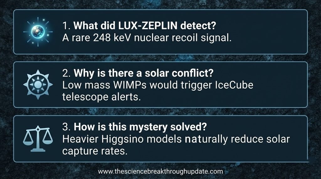 An educational space physics FAQ layout explaining the subterranean LUX-ZEPLIN detection anomalies and solar neutrino capture rates with subject icons.