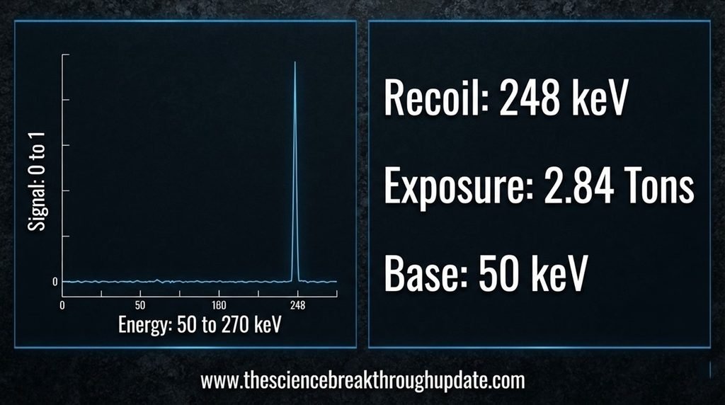A calibrated subterranean physics dashboard graph plotting an energy spike at 248 keV alongside text metrics for exposure and base threshold levels.